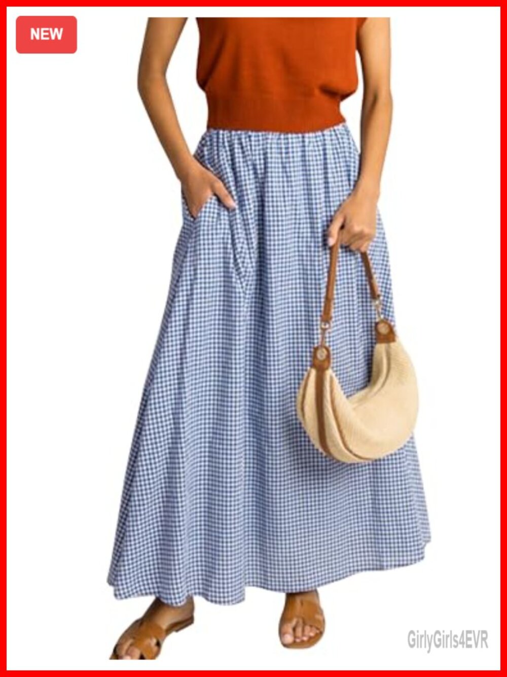 Women's Long Plaid Maxi Skirt Elastic Pleated A-Line Gingham with Pockets